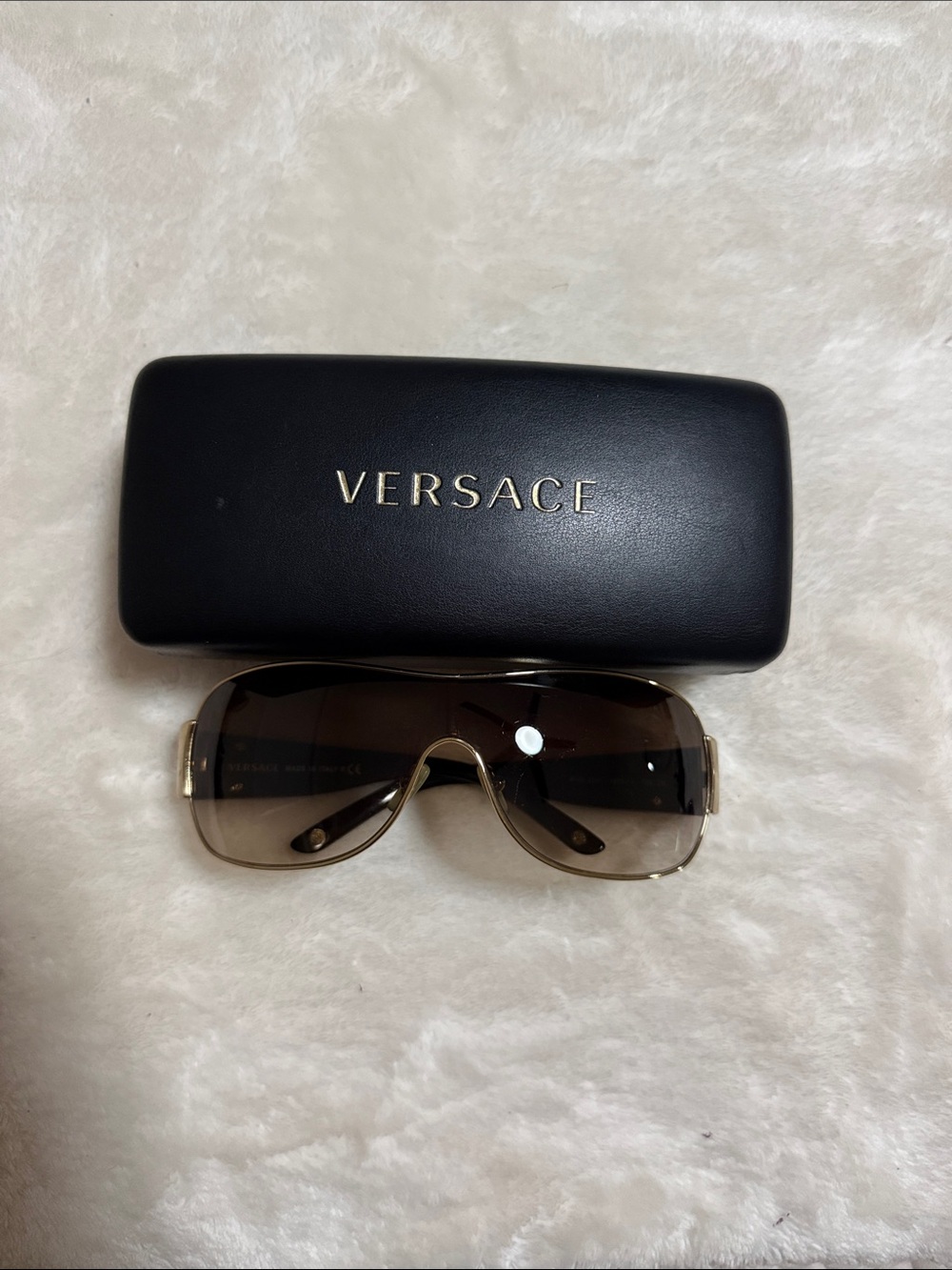 Versace Women’s Shield Sunglasses in Brown and Gold Y2K